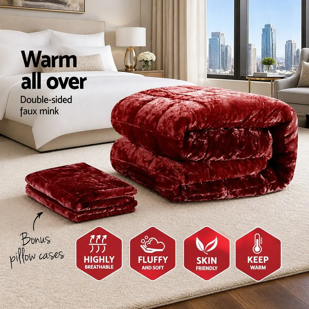 Super King Size Burgundy Double-Sided Faux Mink Quilt Winter Bed Cover Machine Washable