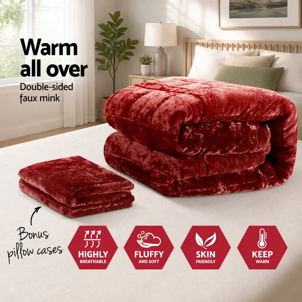 Faux Mink Quilt Burgundy King Size Double-Sided Thermo-Regulating Bedding