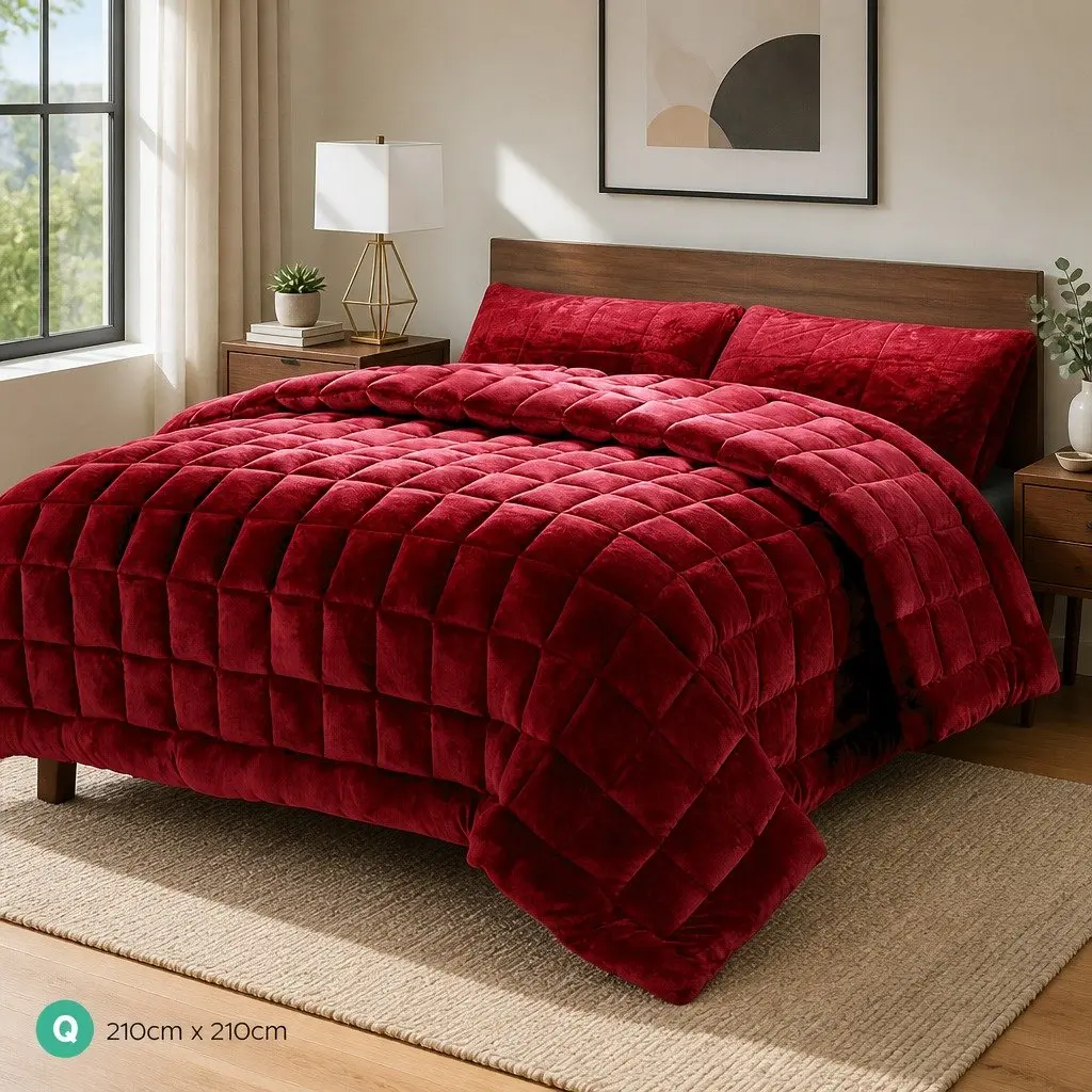 Faux Mink Quilt Burgundy Queen Size Double-Sided Winter Weight Doona Bedding