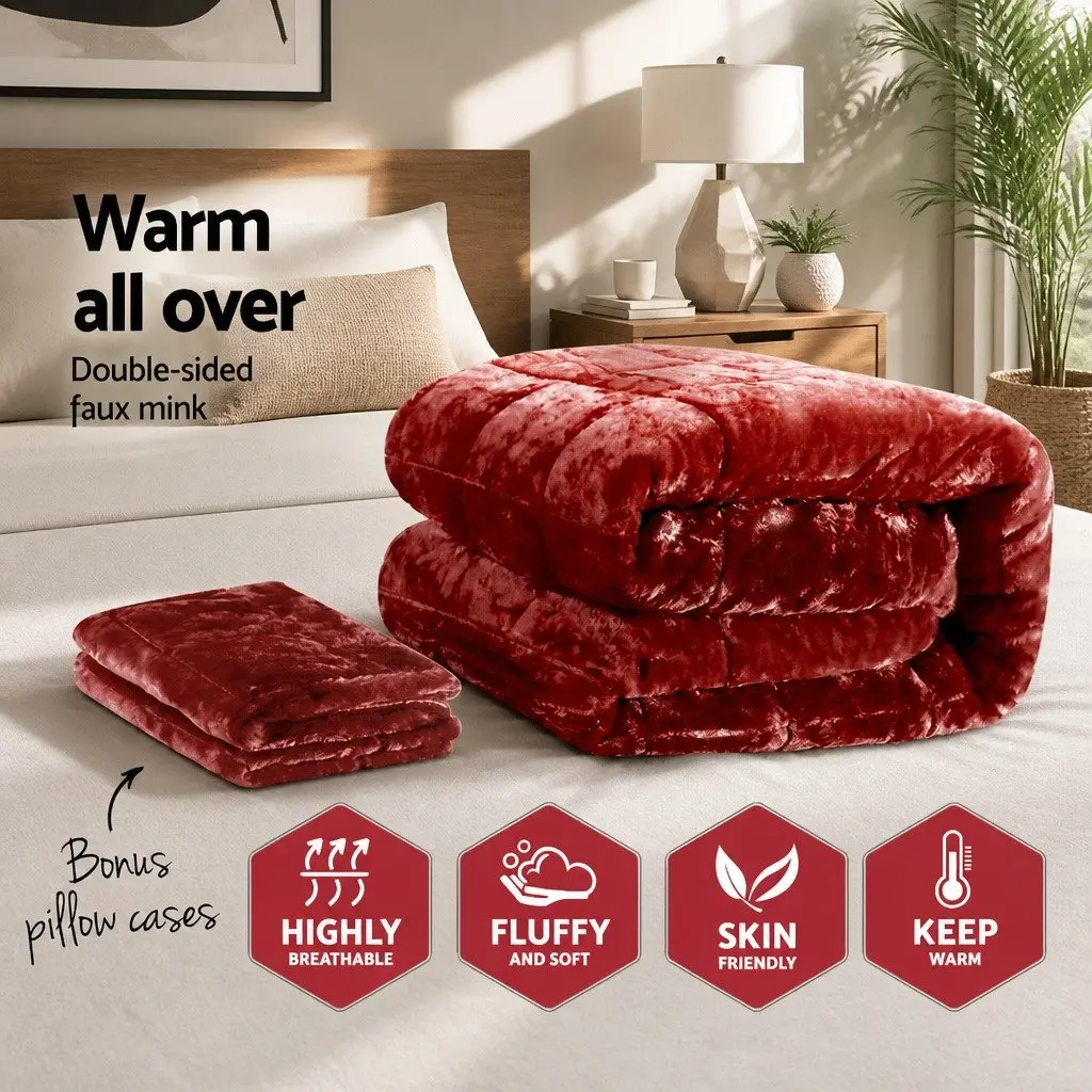 Faux Mink Quilt Burgundy Queen Size Double-Sided Winter Weight Doona Bedding