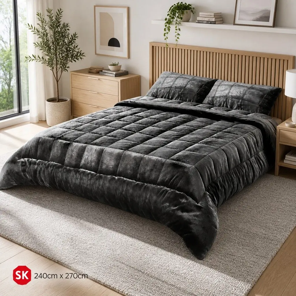 Faux Mink Quilt Charcoal Super King Size Double-Sided Winter Bedding with High-Density Polyester Filling and Baffle Box Construction
