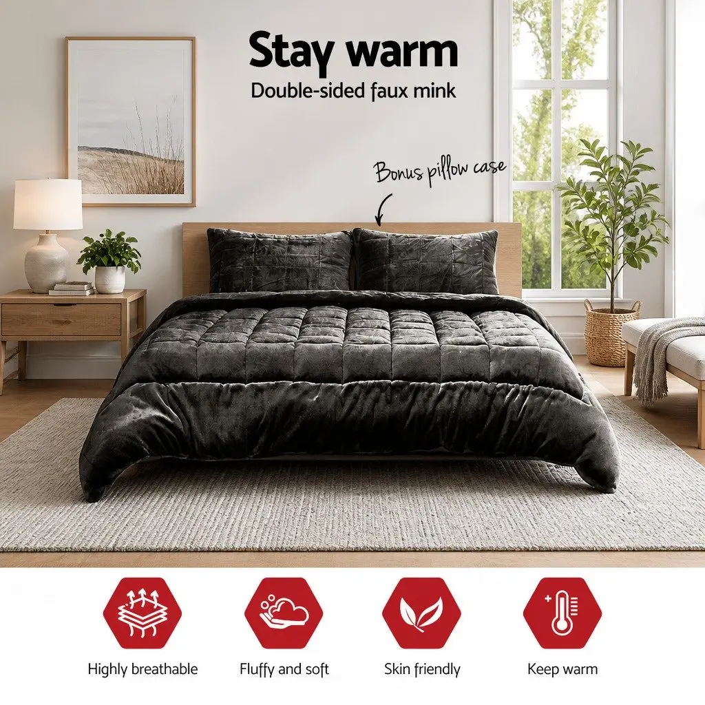 Faux Mink Quilt Charcoal Super King Size Double-Sided Winter Bedding with High-Density Polyester Filling and Baffle Box Construction