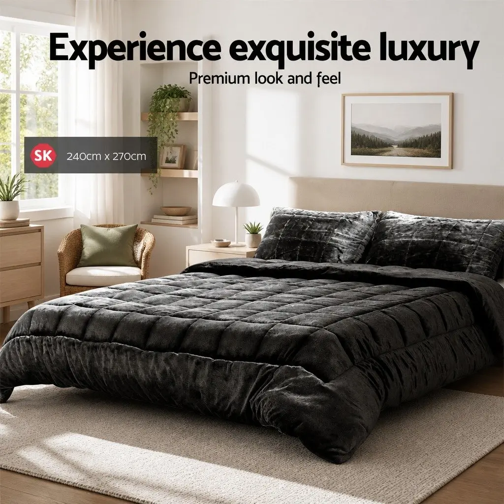 Faux Mink Quilt Charcoal Super King Size Double-Sided Winter Bedding with High-Density Polyester Filling and Baffle Box Construction