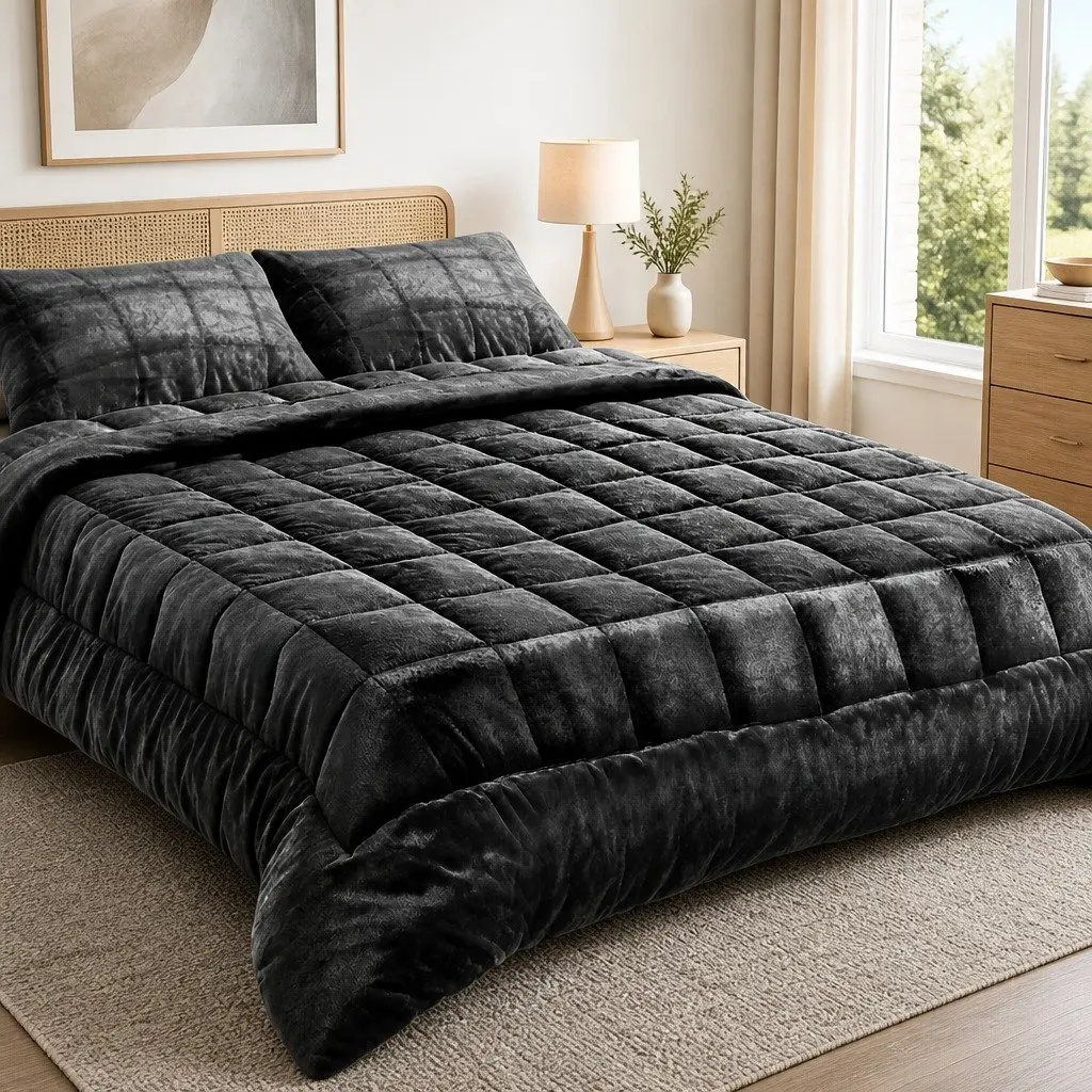 Faux Mink Quilt Charcoal Super King Size Double-Sided Winter Bedding with High-Density Polyester Filling and Baffle Box Construction