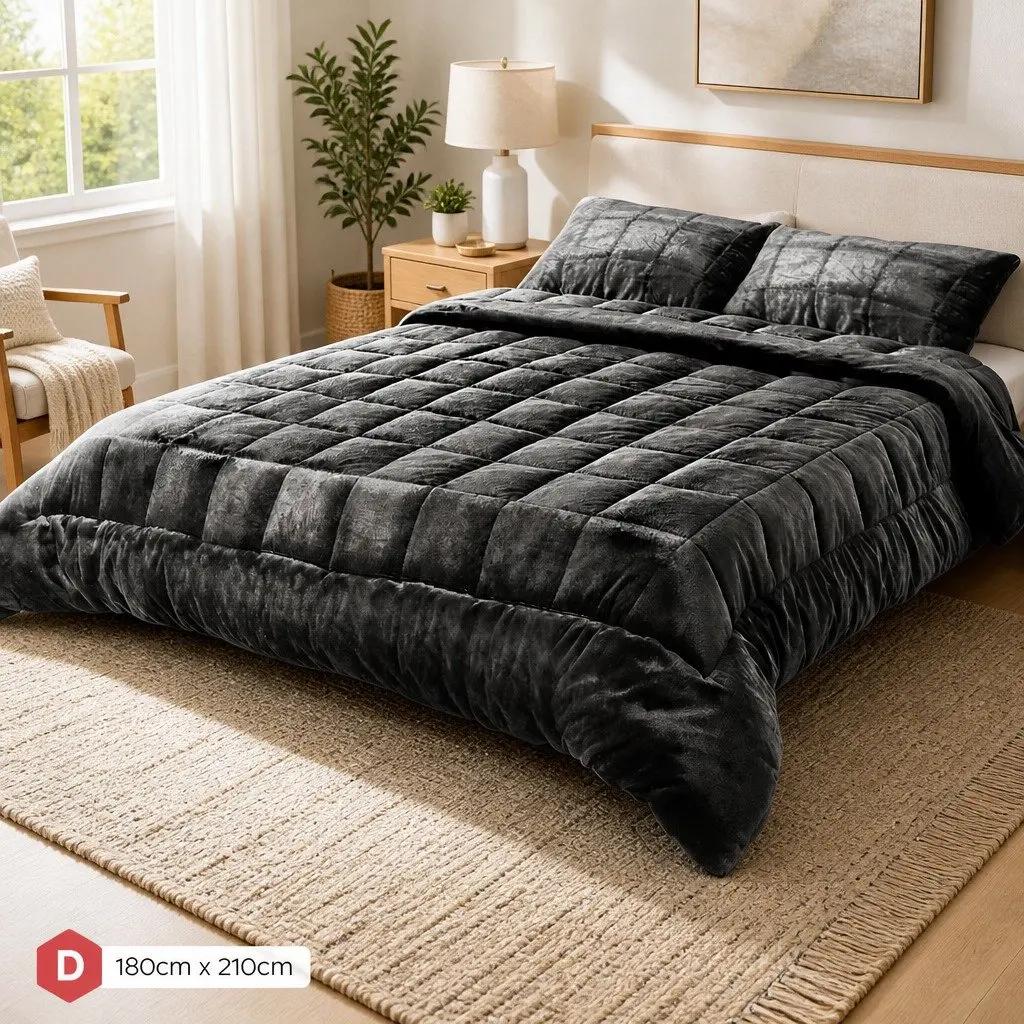 Faux Mink Quilt Charcoal Double Soft Warm Winter Weight Bedding Set