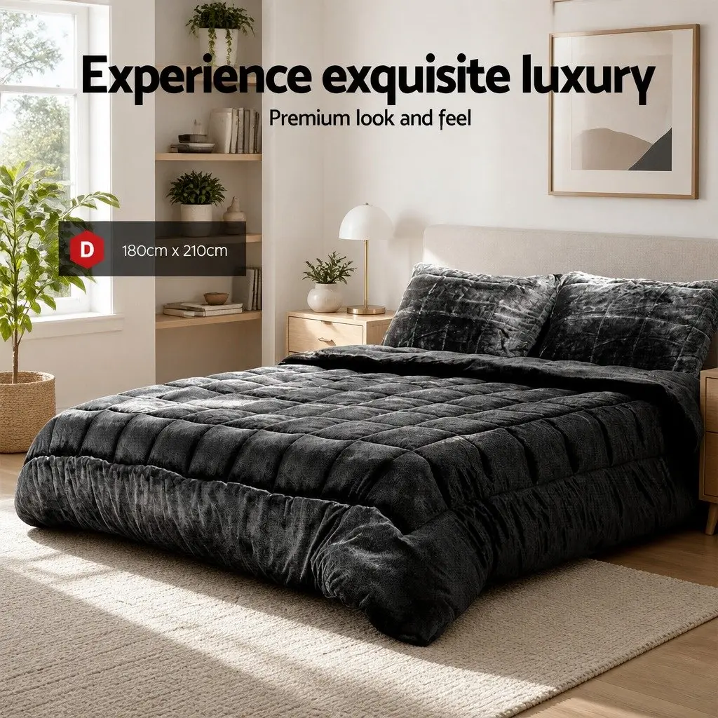 Faux Mink Quilt Charcoal Double Soft Warm Winter Weight Bedding Set
