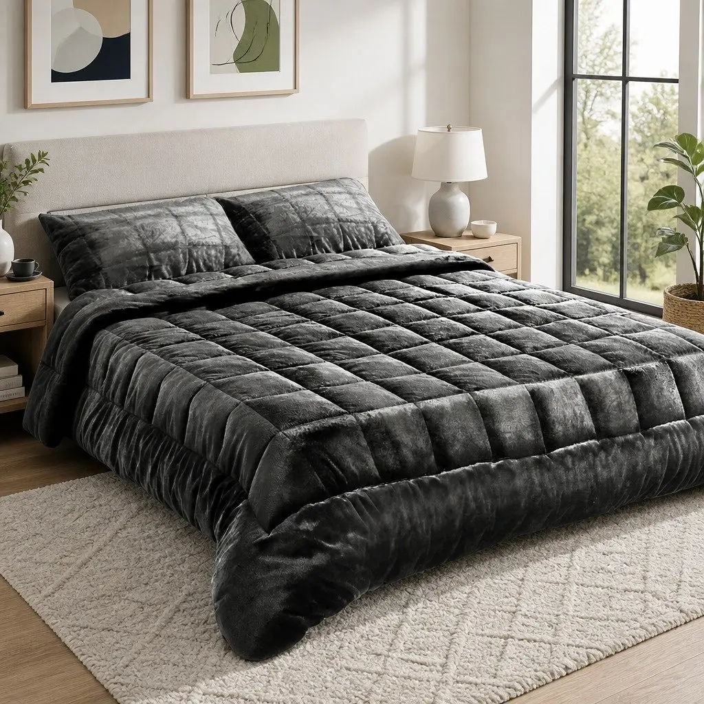 Faux Mink Quilt Charcoal Double Soft Warm Winter Weight Bedding Set