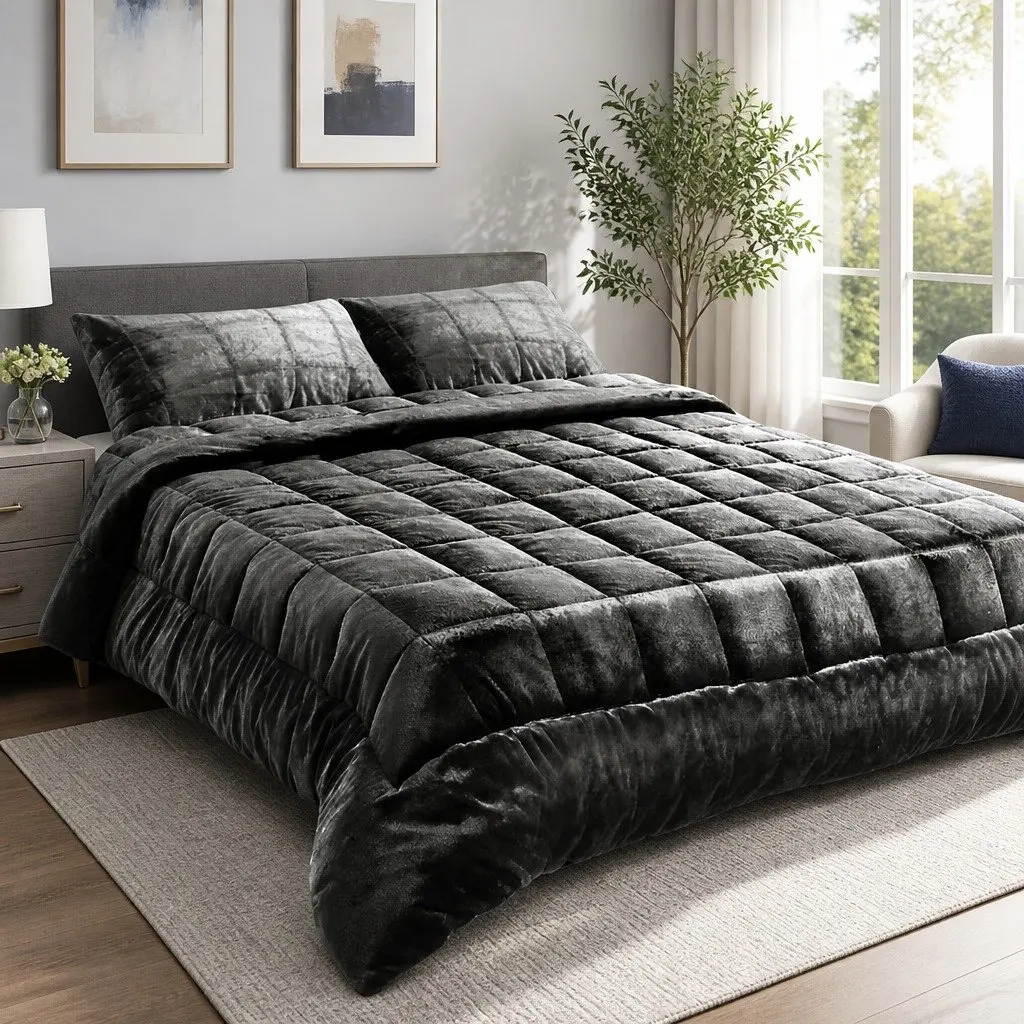 Faux Mink Quilt Charcoal King Size Double-Sided Winter Weight Thermo-Regulating
