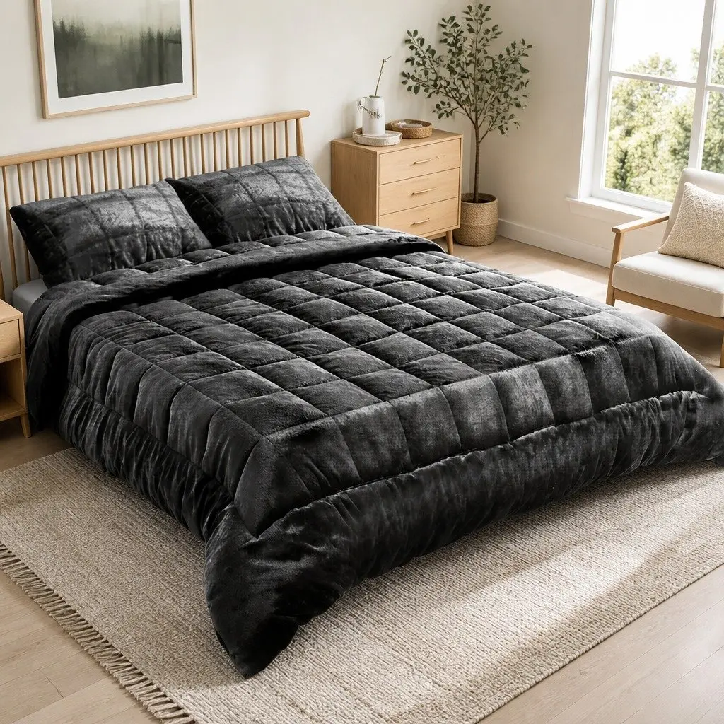 Queen Size Faux Mink Quilt Charcoal Double-Sided Bedding Set with Pillowcases