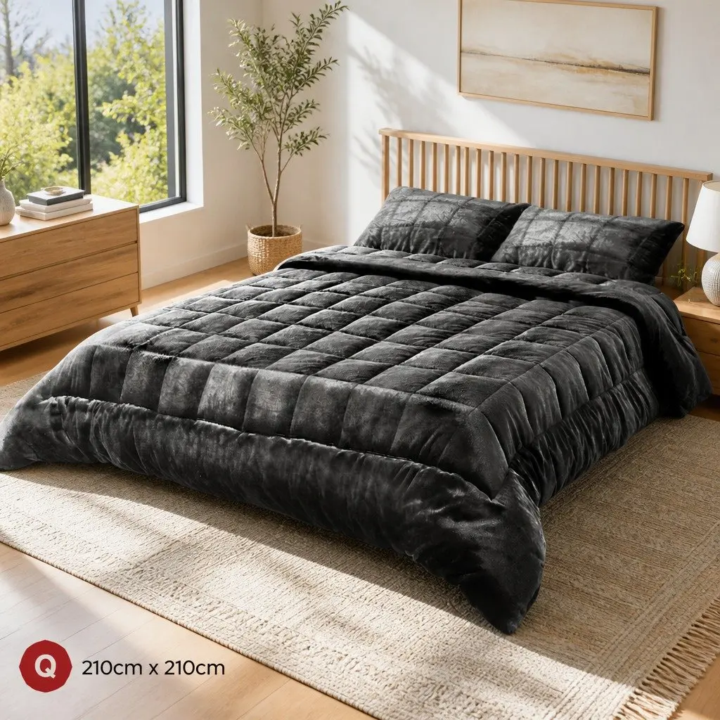 Double-Sided Charcoal Faux Mink Quilt Queen Size Bedding Set with Pillowcases