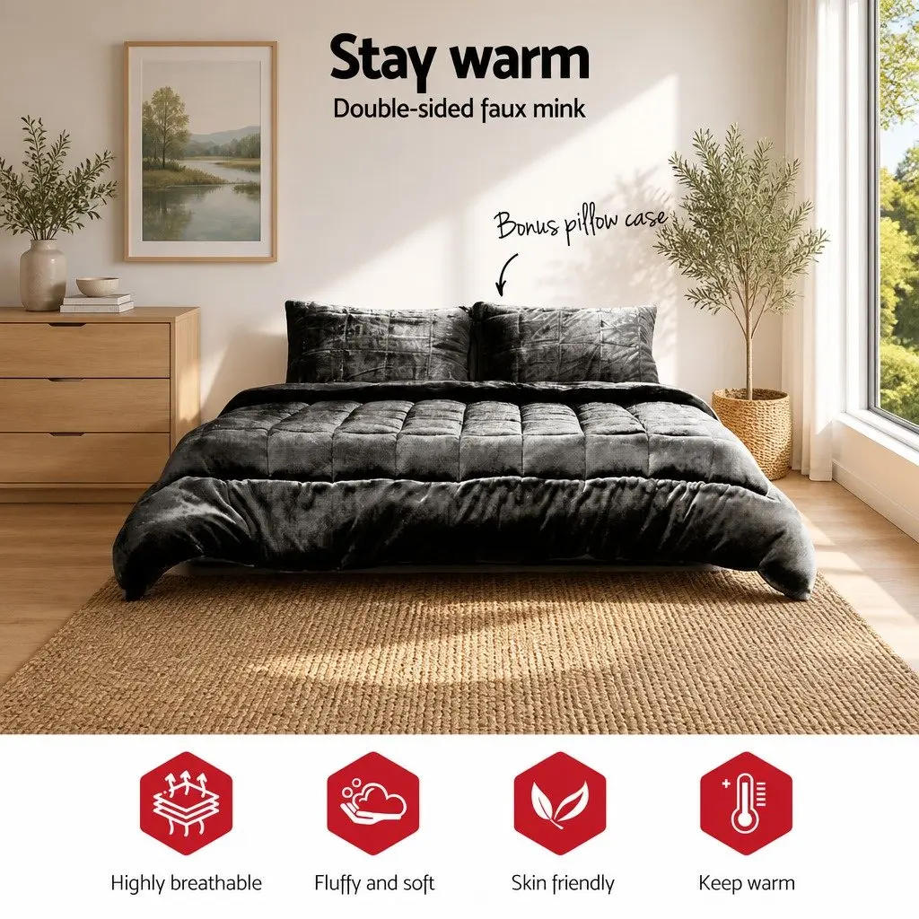 Double-Sided Charcoal Faux Mink Quilt Queen Size Bedding Set with Pillowcases