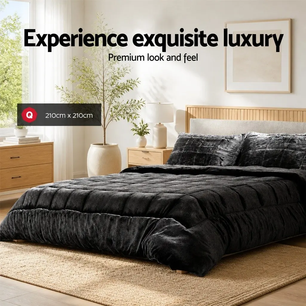 Double-Sided Charcoal Faux Mink Quilt Queen Size Bedding Set with Pillowcases