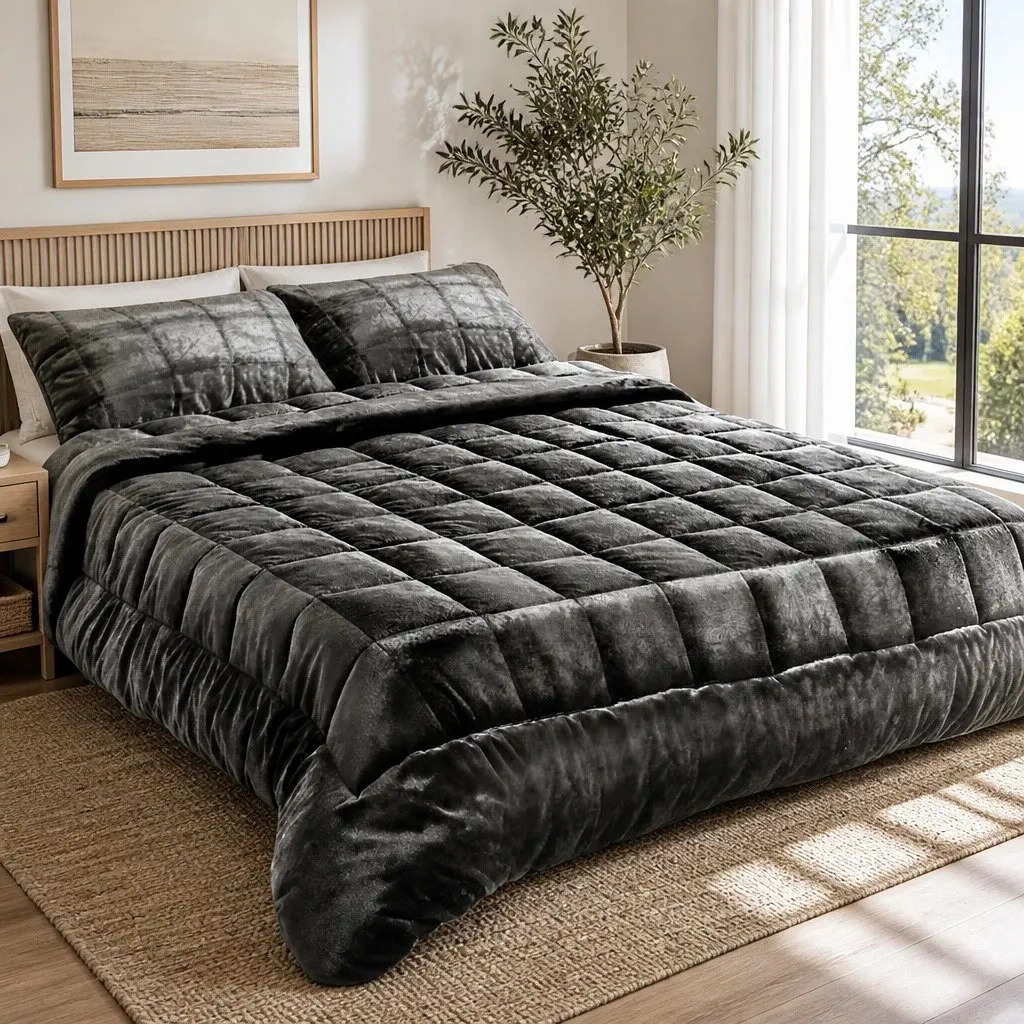 Double-Sided Charcoal Faux Mink Quilt Queen Size Bedding Set with Pillowcases