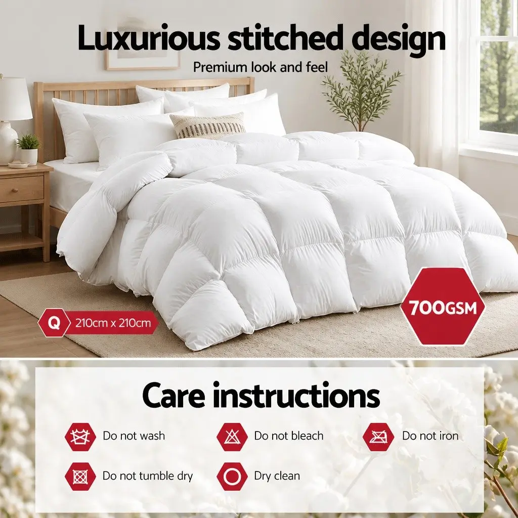 Queen Size White Goose Down Feather Quilt 700GSM Baffle Box Cotton Bedding