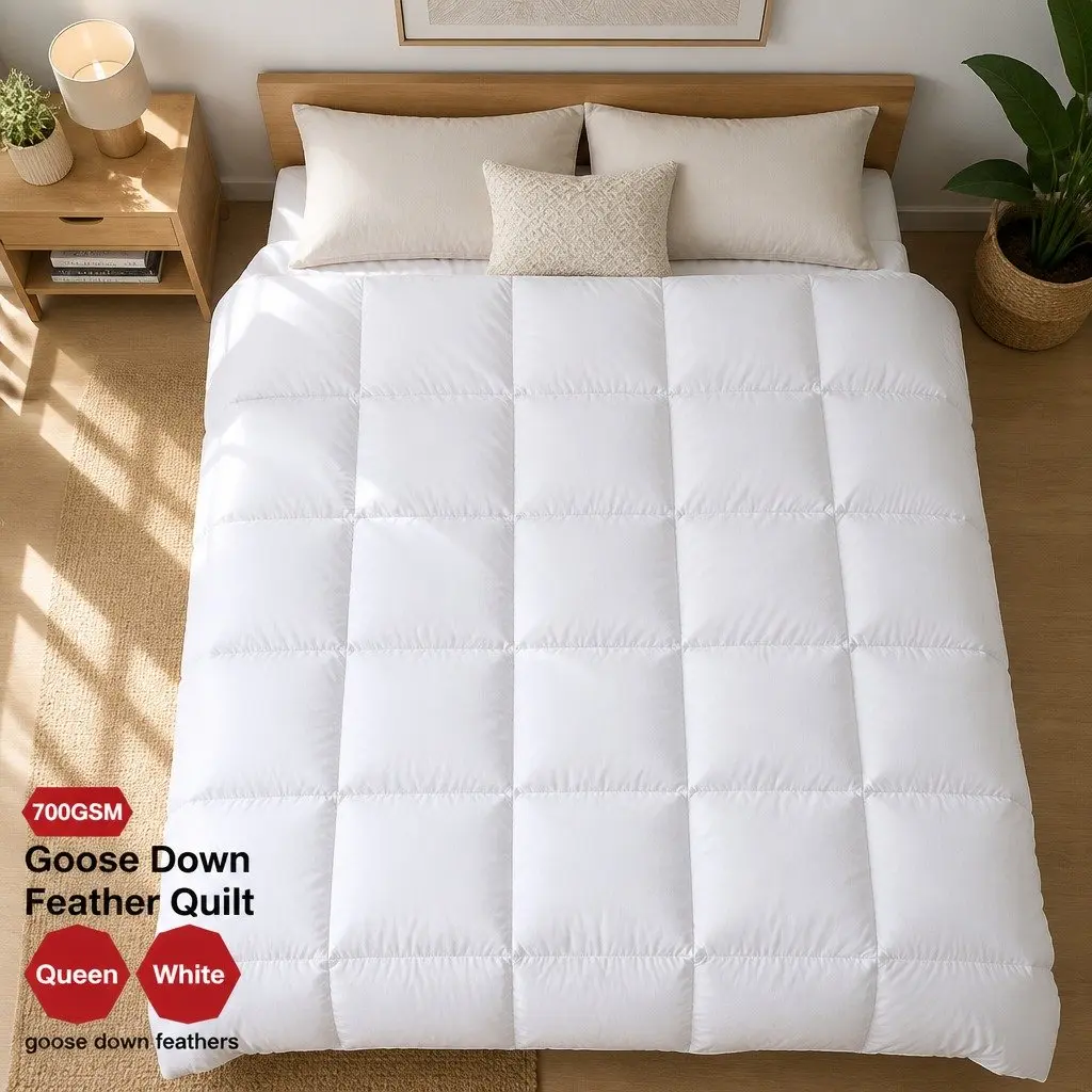 Queen Size White Goose Down Feather Quilt 700GSM Baffle Box Cotton Bedding