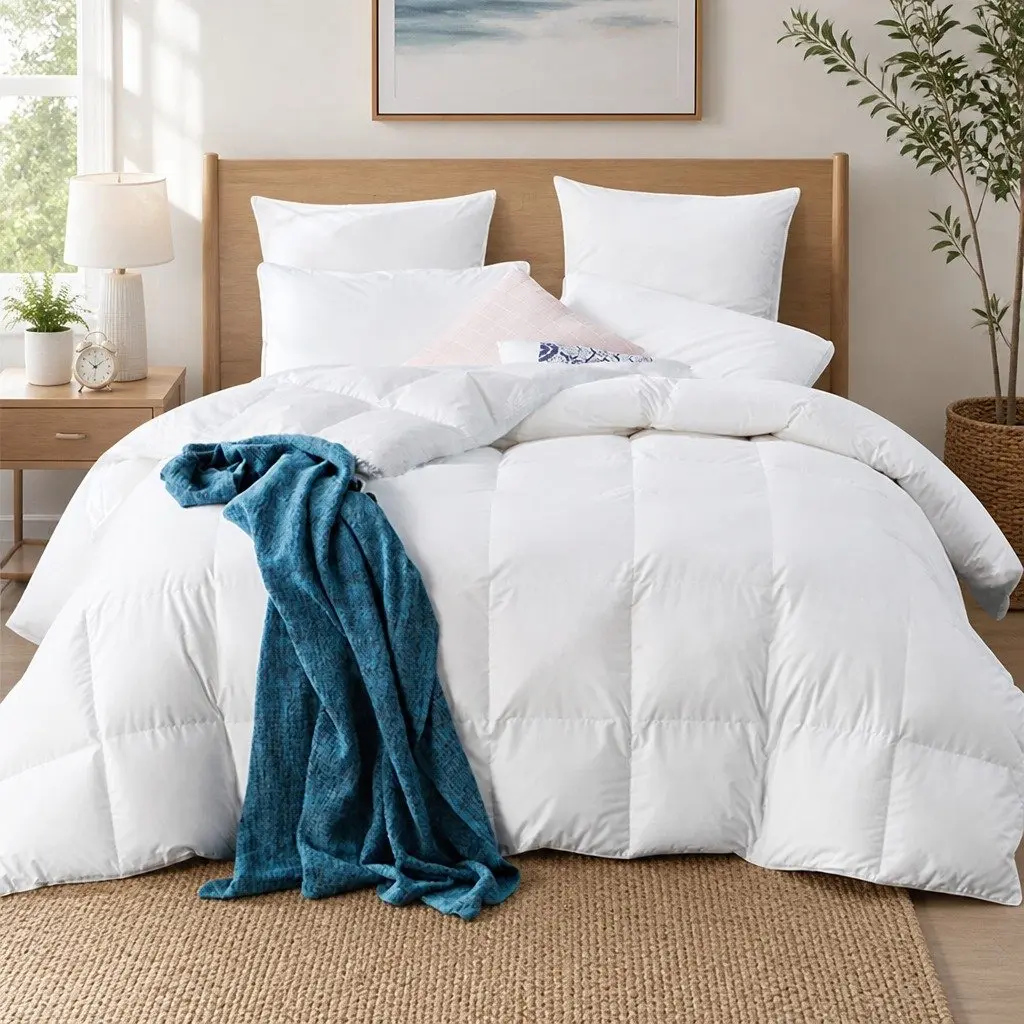Queen Size White Goose Down Feather Quilt 700GSM Baffle Box Cotton Bedding