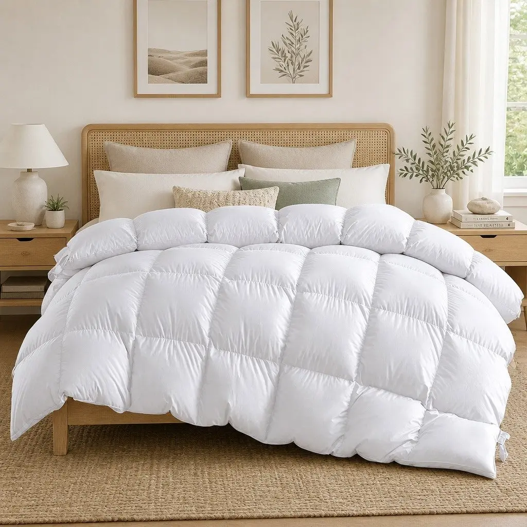Single Goose Down Feather Quilt 700GSM Baffle Construction Warm Bedding White