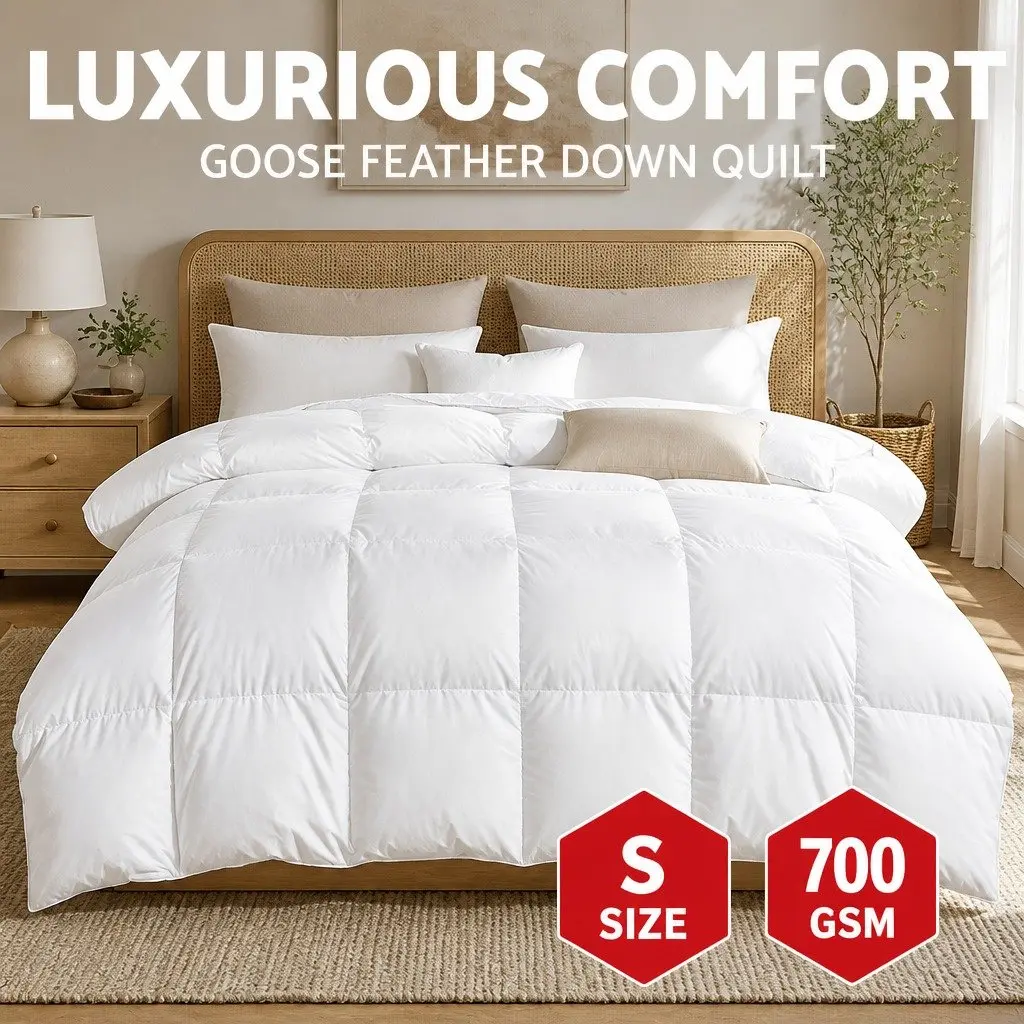 Single Goose Down Feather Quilt 700GSM Baffle Construction Warm Bedding White