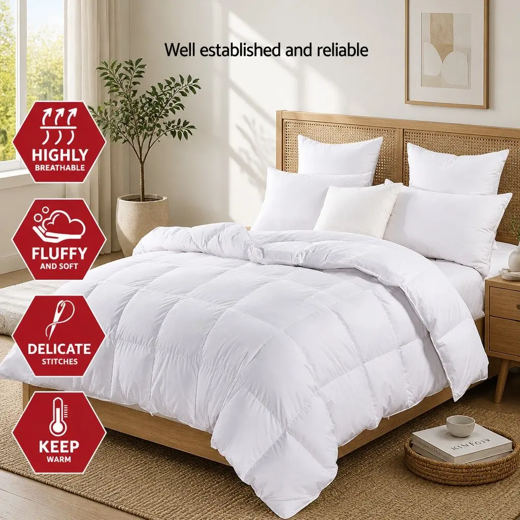 Single Goose Down Feather Quilt 700GSM Baffle Construction Warm Bedding White