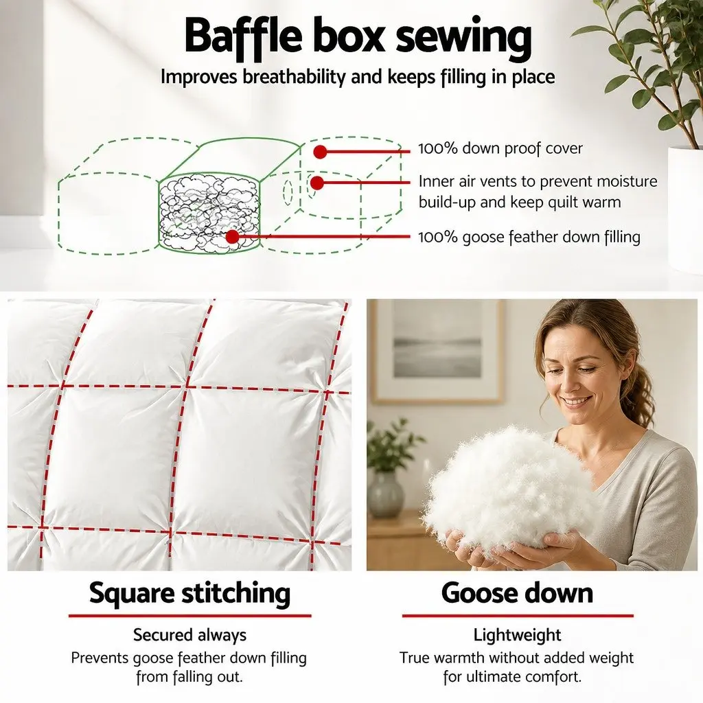 Single Goose Down Feather Quilt 700GSM Baffle Construction Warm Bedding White