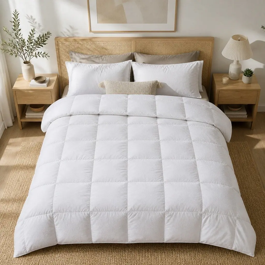 Single Goose Down Feather Quilt 700GSM Baffle Construction Warm Bedding White