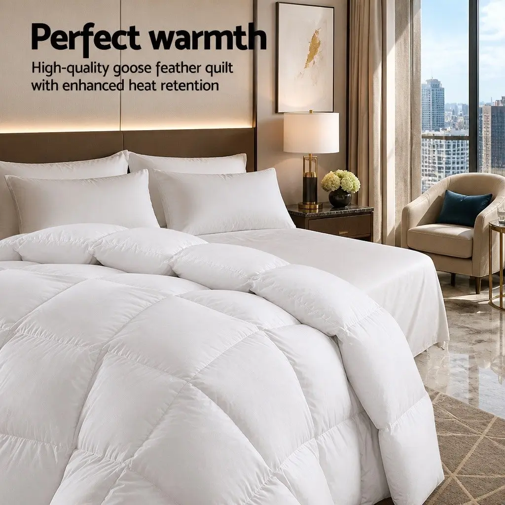 Goose Down Feather Quilt White Super King 800GSM Winter Weight Baffle Box Construction