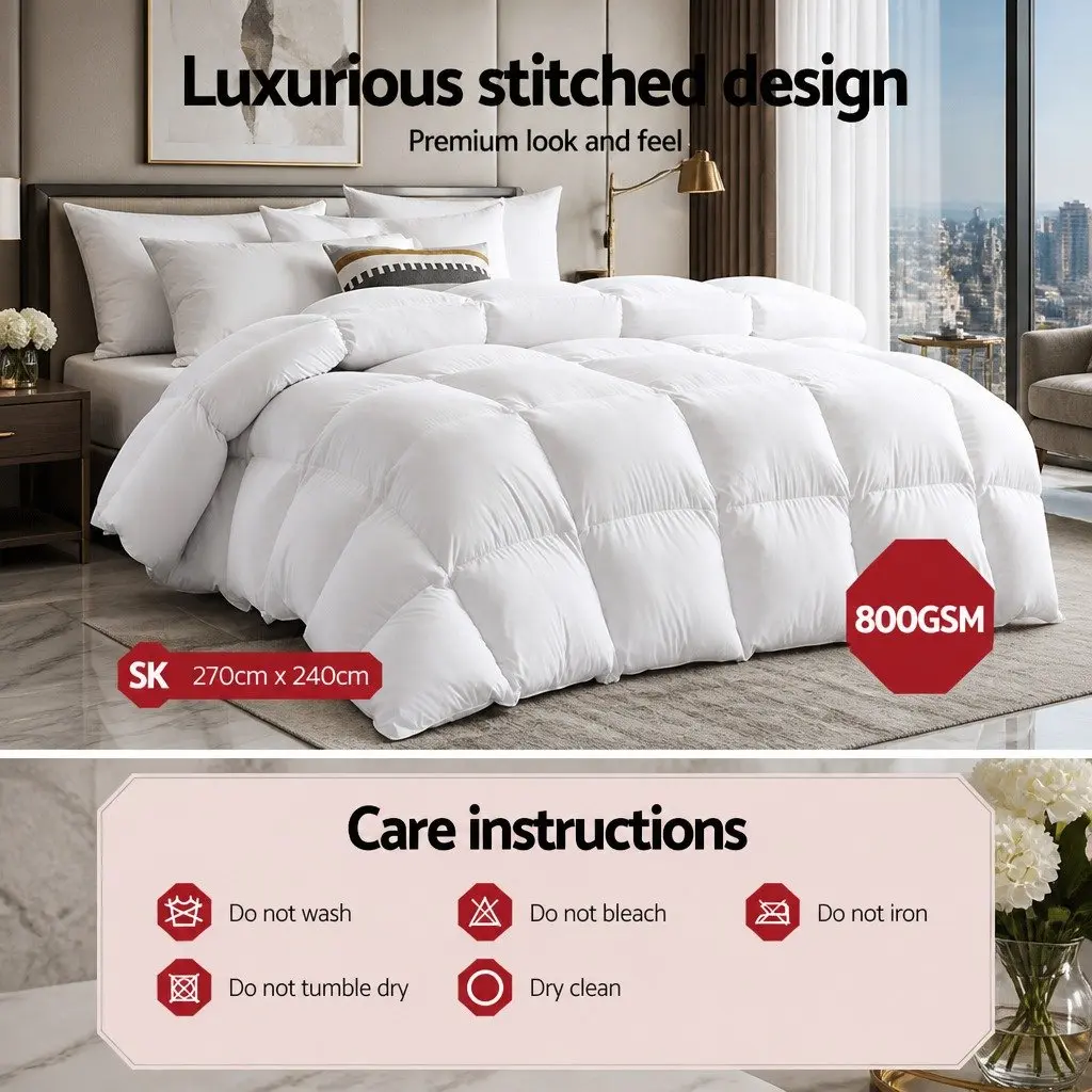 Goose Down Feather Quilt White Super King 800GSM Winter Weight Baffle Box Construction