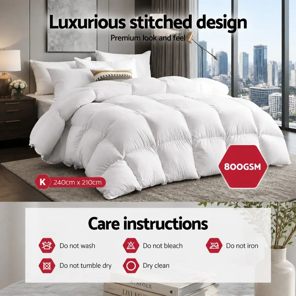 King Size White Goose Down Feather Quilt 800GSM Winter Weight Baffle Box Construction