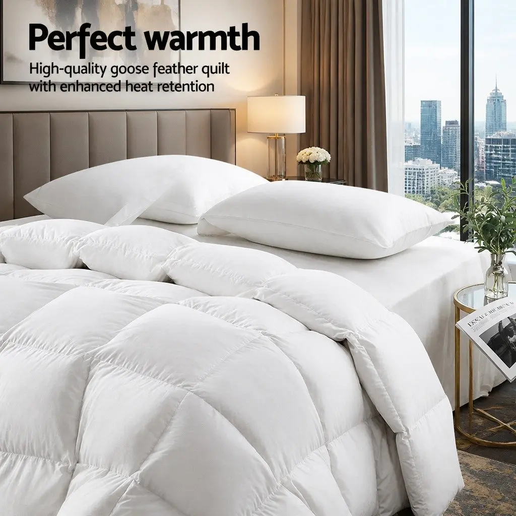 Goose Down Feather Quilt White Queen 800GSM Winter Weight Baffle Box Construction