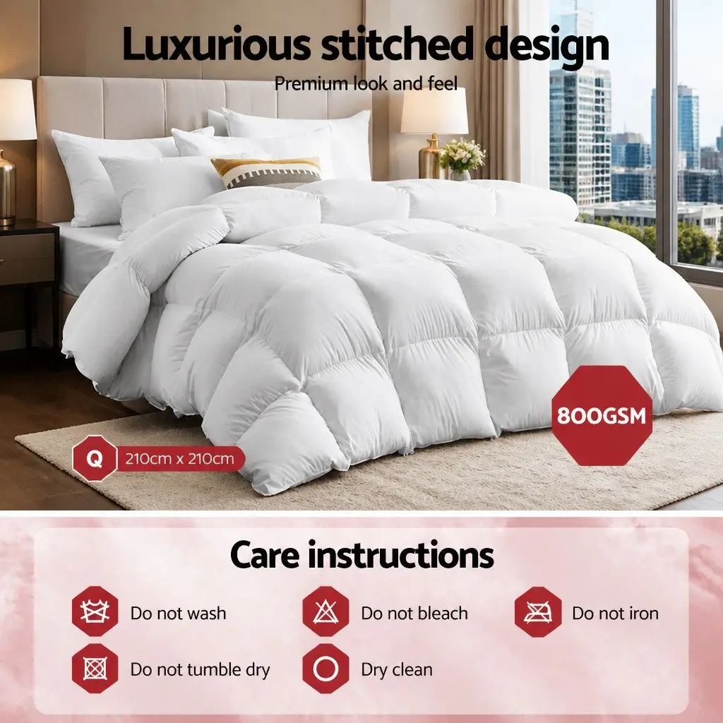 Goose Down Feather Quilt White Queen 800GSM Winter Weight Baffle Box Construction