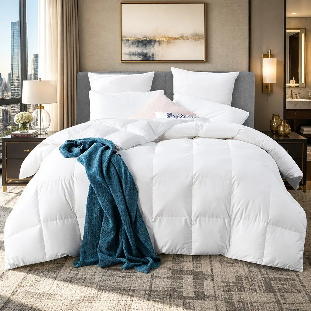 Goose Down Feather Quilt White Queen 800GSM Winter Weight Baffle Box Construction