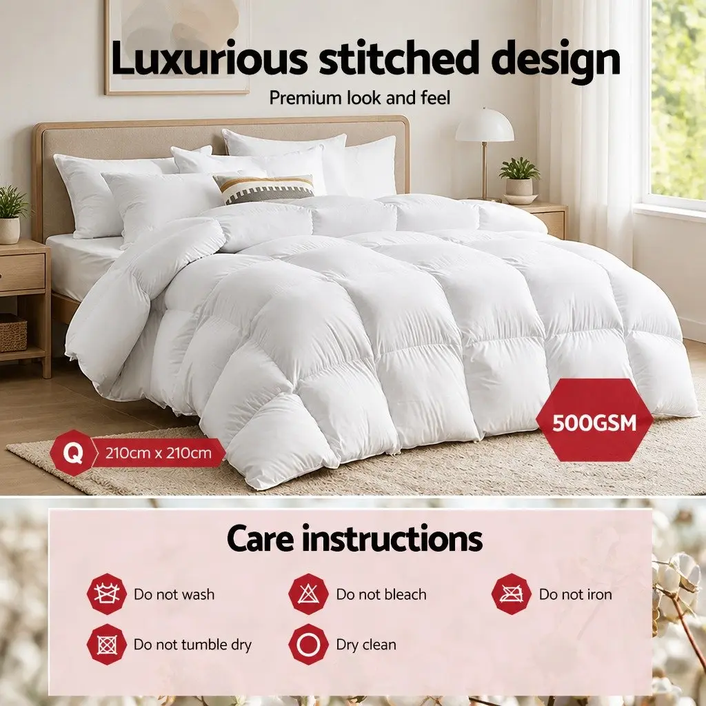 Goose Feather Down Quilt White Queen 500GSM Baffle Box Construction