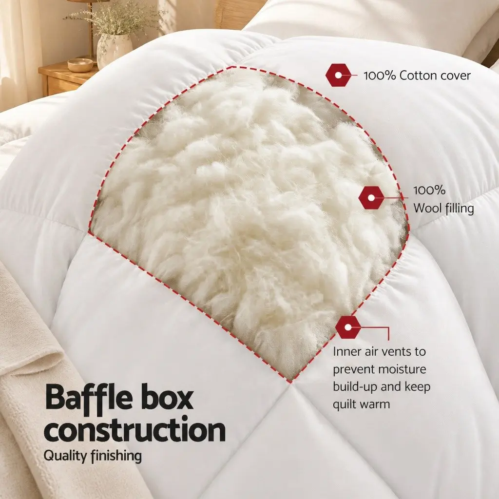 Wool Quilt White Super King 500GSM Winter Baffle Box Construction