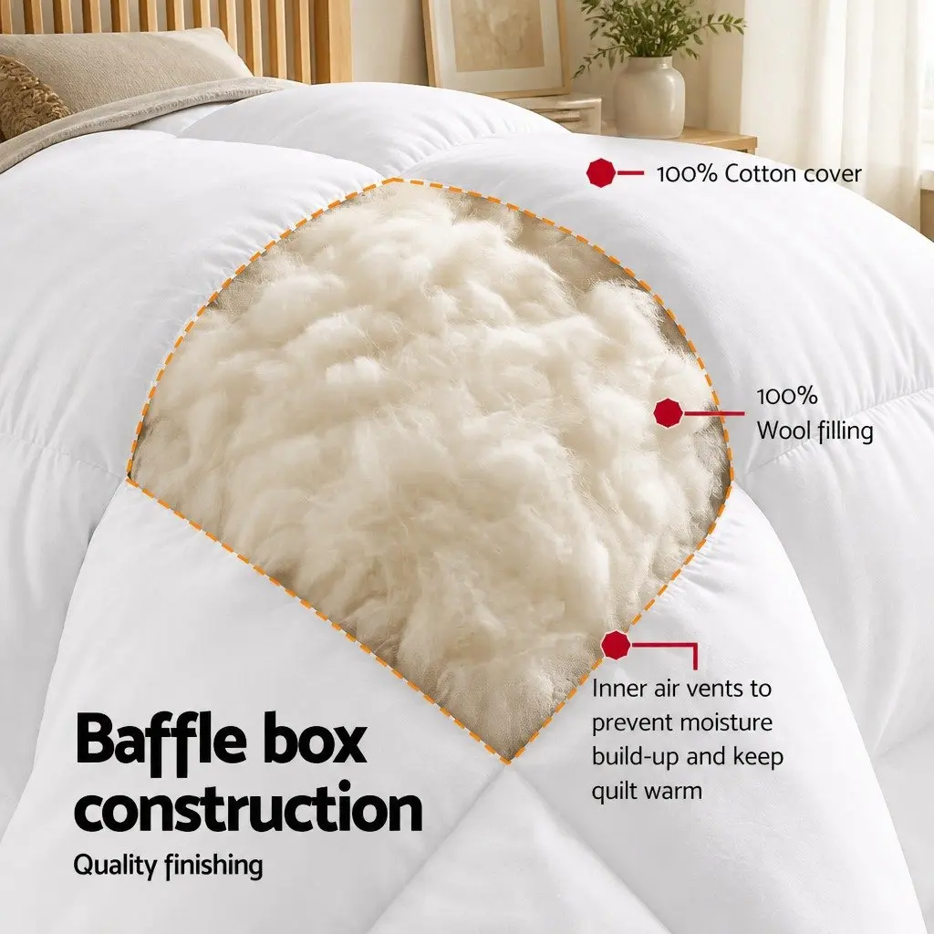 Wool Quilt White Double 500GSM Winter Baffle Box Construction Thick Warm Bedding