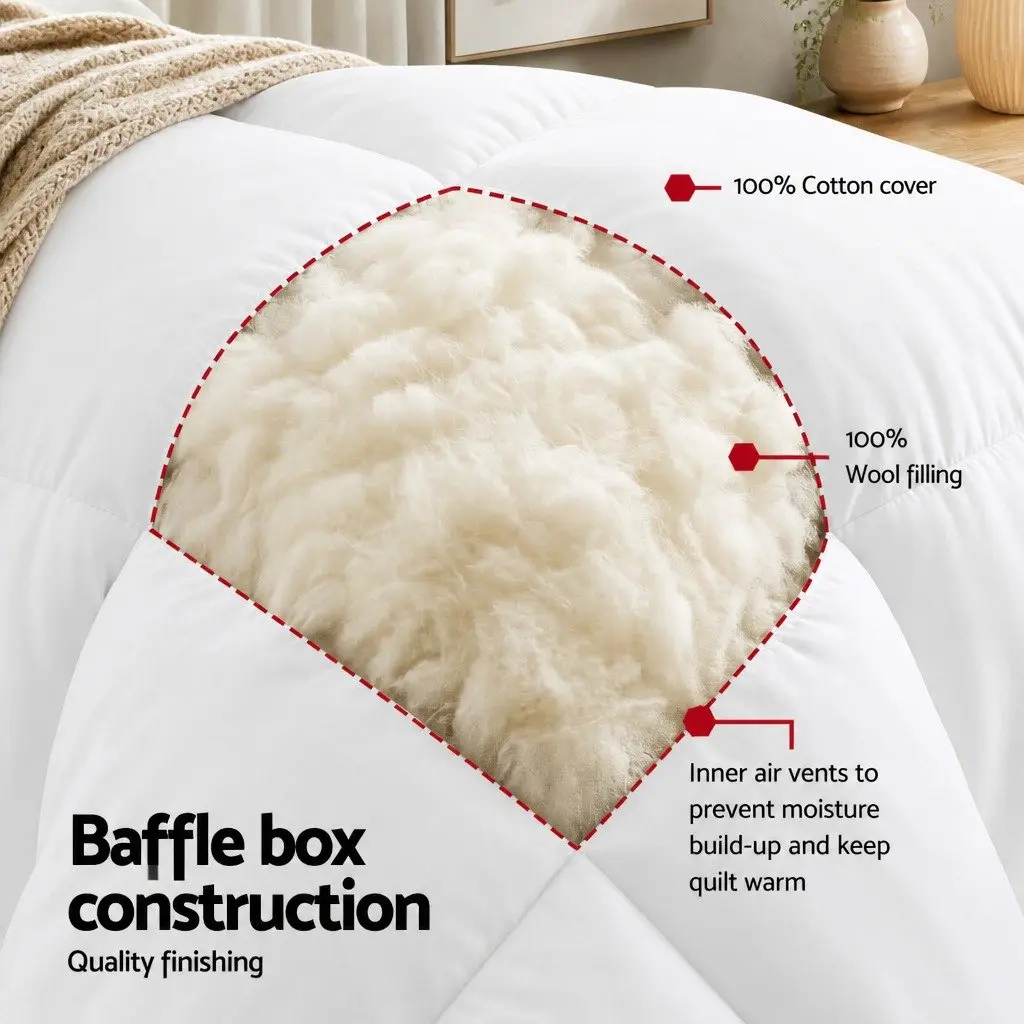 Wool Quilt White King Size 500GSM Winter Doona Baffle Box Construction Cotton Cover