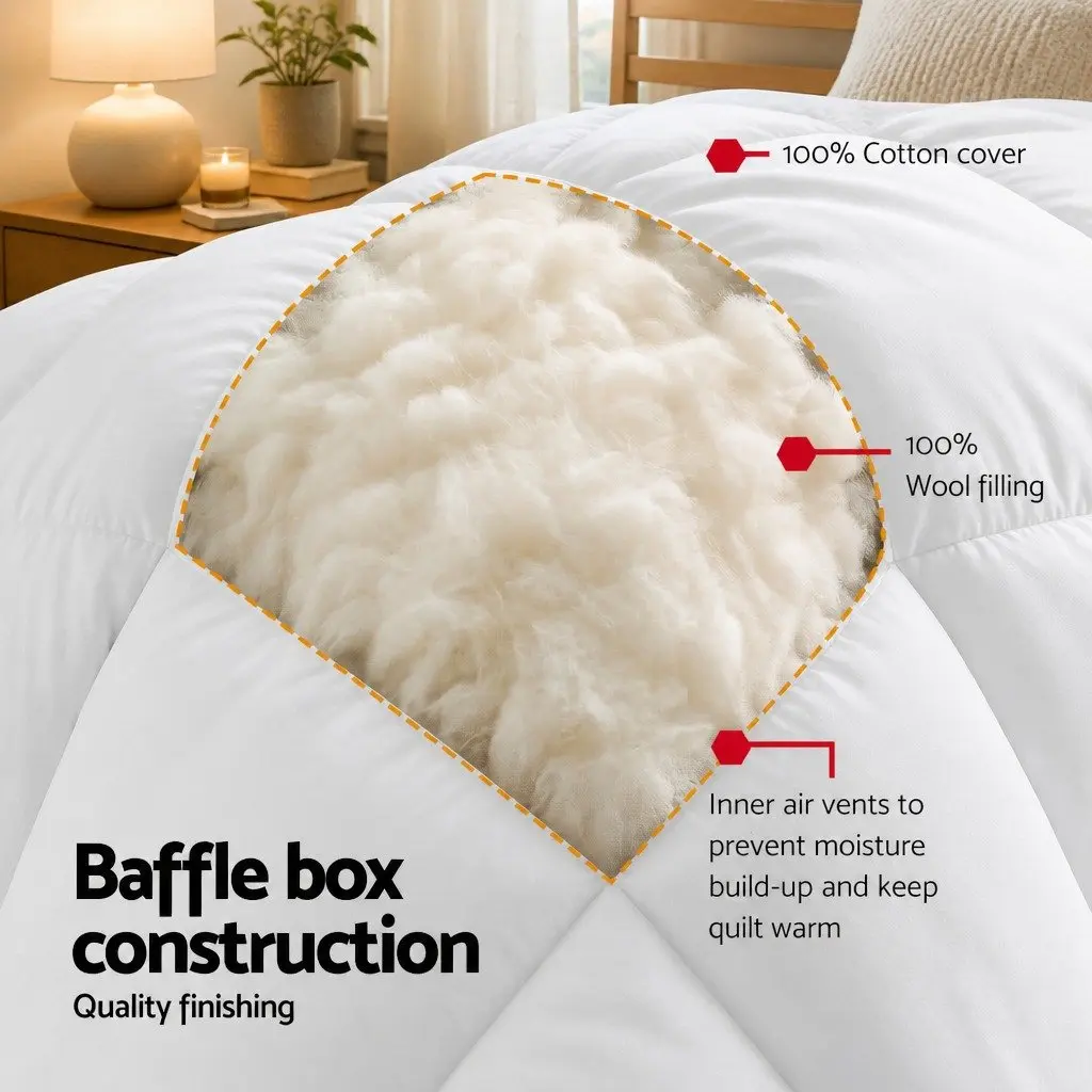 Wool Quilt White Queen 500GSM Winter Baffle Box Construction