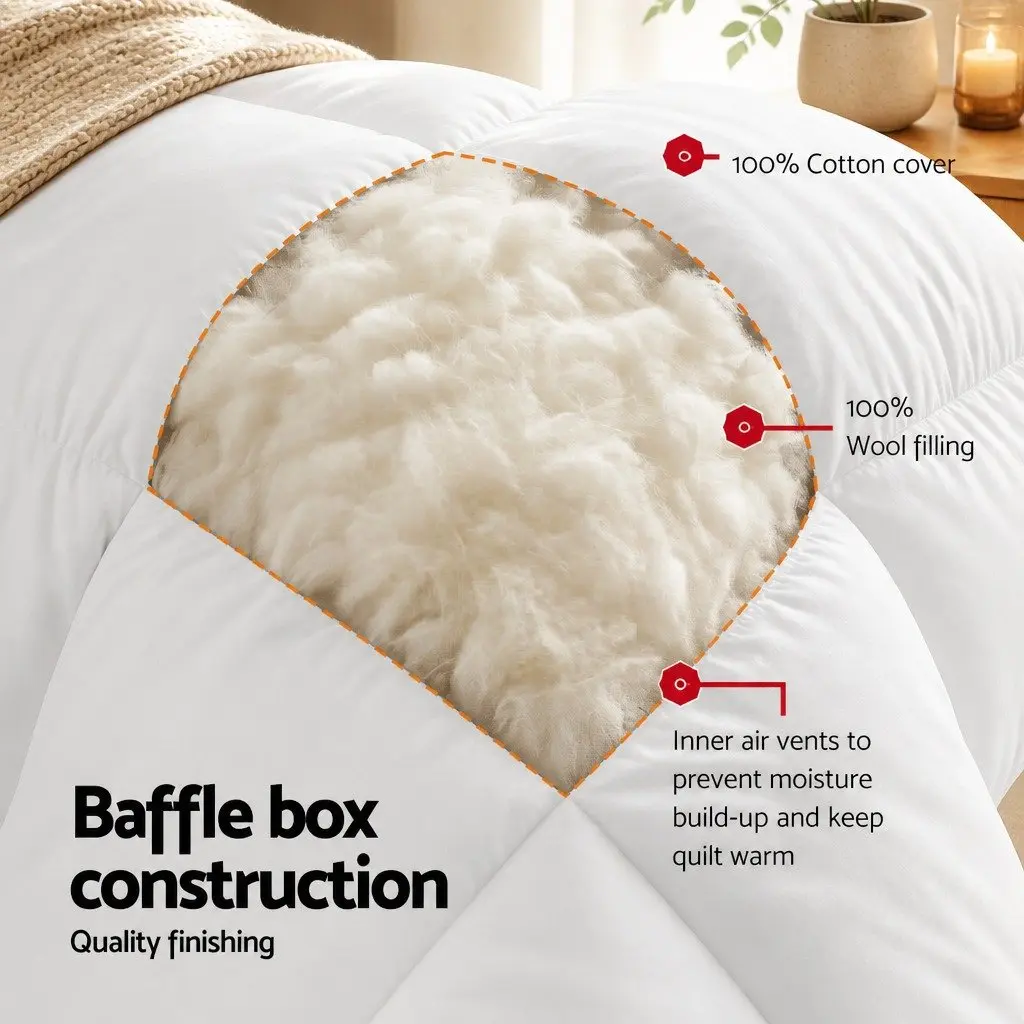 King Wool Quilt 800GSM Winter Doona Baffle Box Construction White Bedding Warm