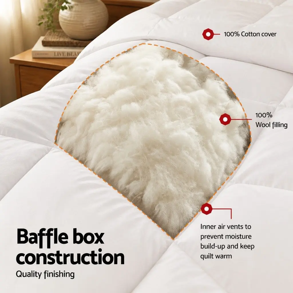 Wool Quilt White Queen 800GSM Winter Baffle Box Construction Extra Thick Bedding