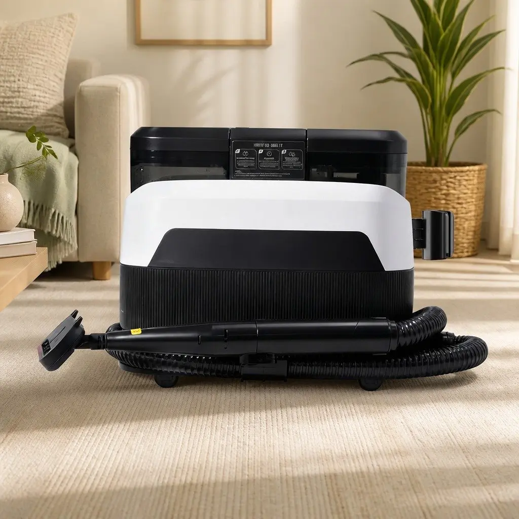Carpet Cleaner Black and White Portable 12kPa Suction Hot Water Cleaning Machine with Dual Brushes and Extended Hose