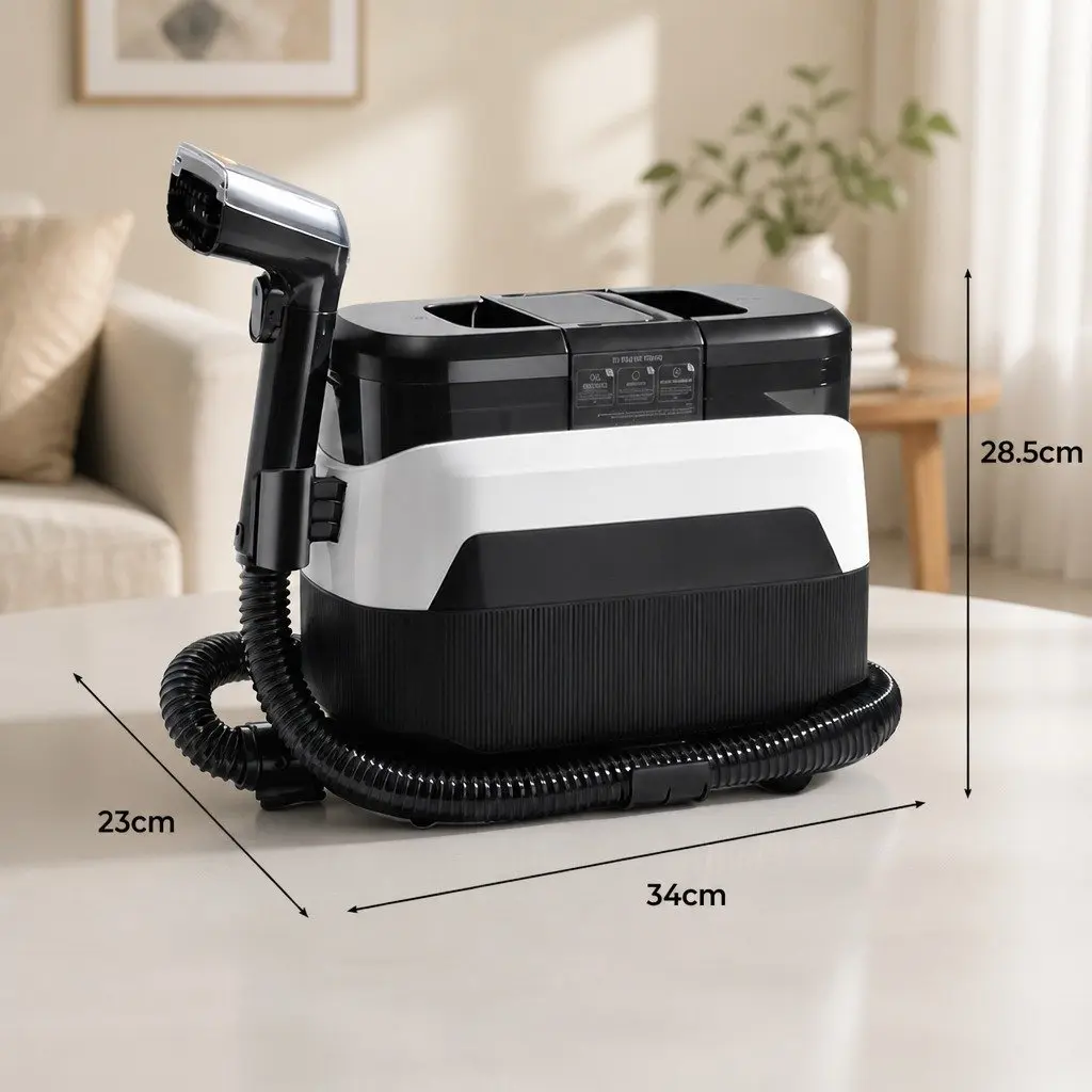Carpet Cleaner Black and White Portable 12kPa Suction Hot Water Cleaning Machine with Dual Brushes and Extended Hose