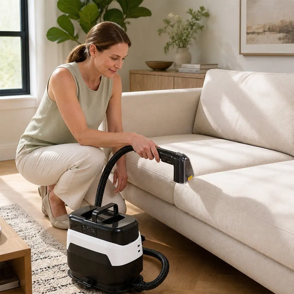 Carpet Cleaner Black and White Portable 12kPa Suction Hot Water Cleaning Machine with Dual Brushes and Extended Hose