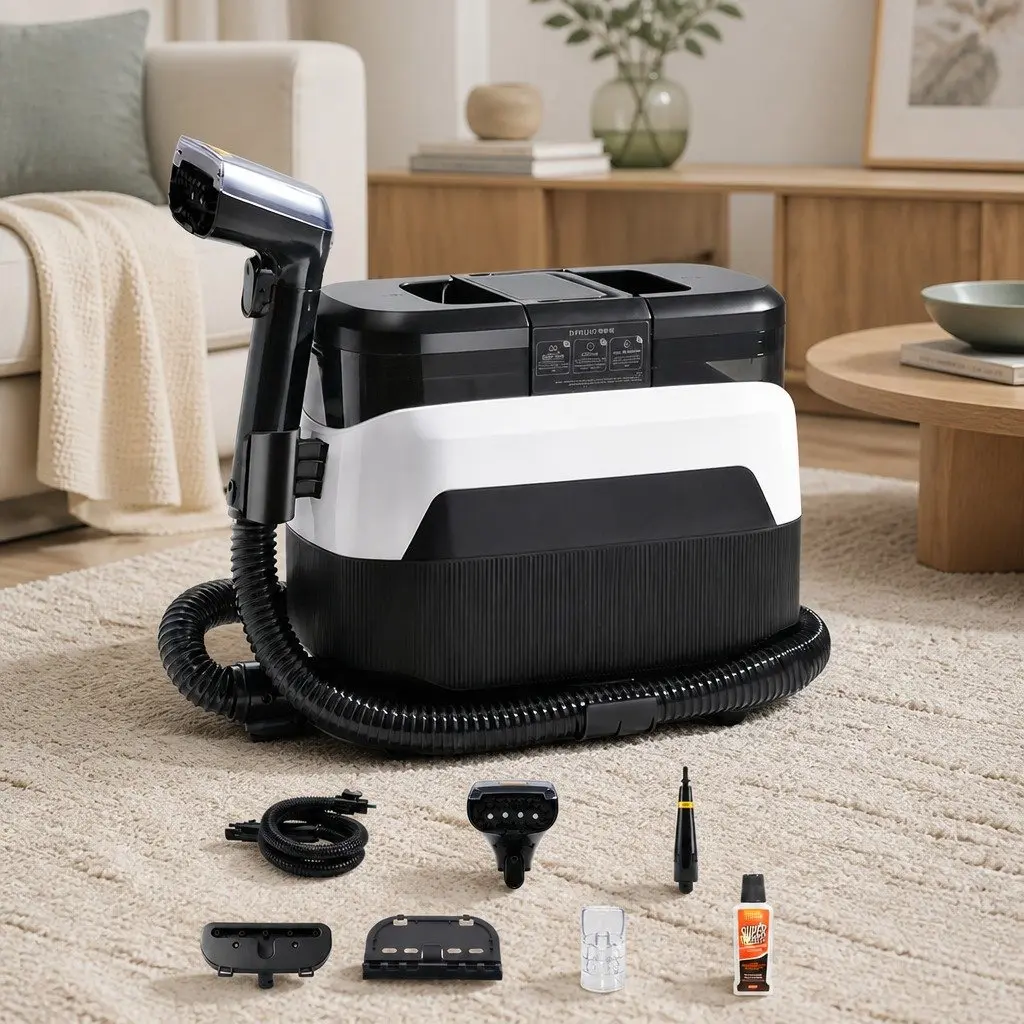 Carpet Cleaner Black and White Portable 12kPa Suction Hot Water Cleaning Machine with Dual Brushes and Extended Hose