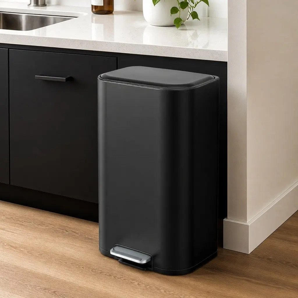 Pedal Bin Black 40L Rectangular Soft Close Lid Steel