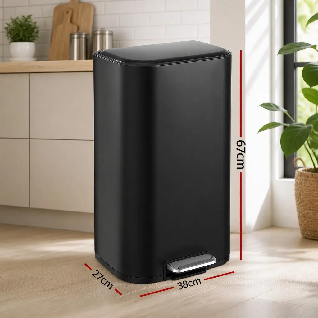 Pedal Bin Black 40L Rectangular Soft Close Lid Steel