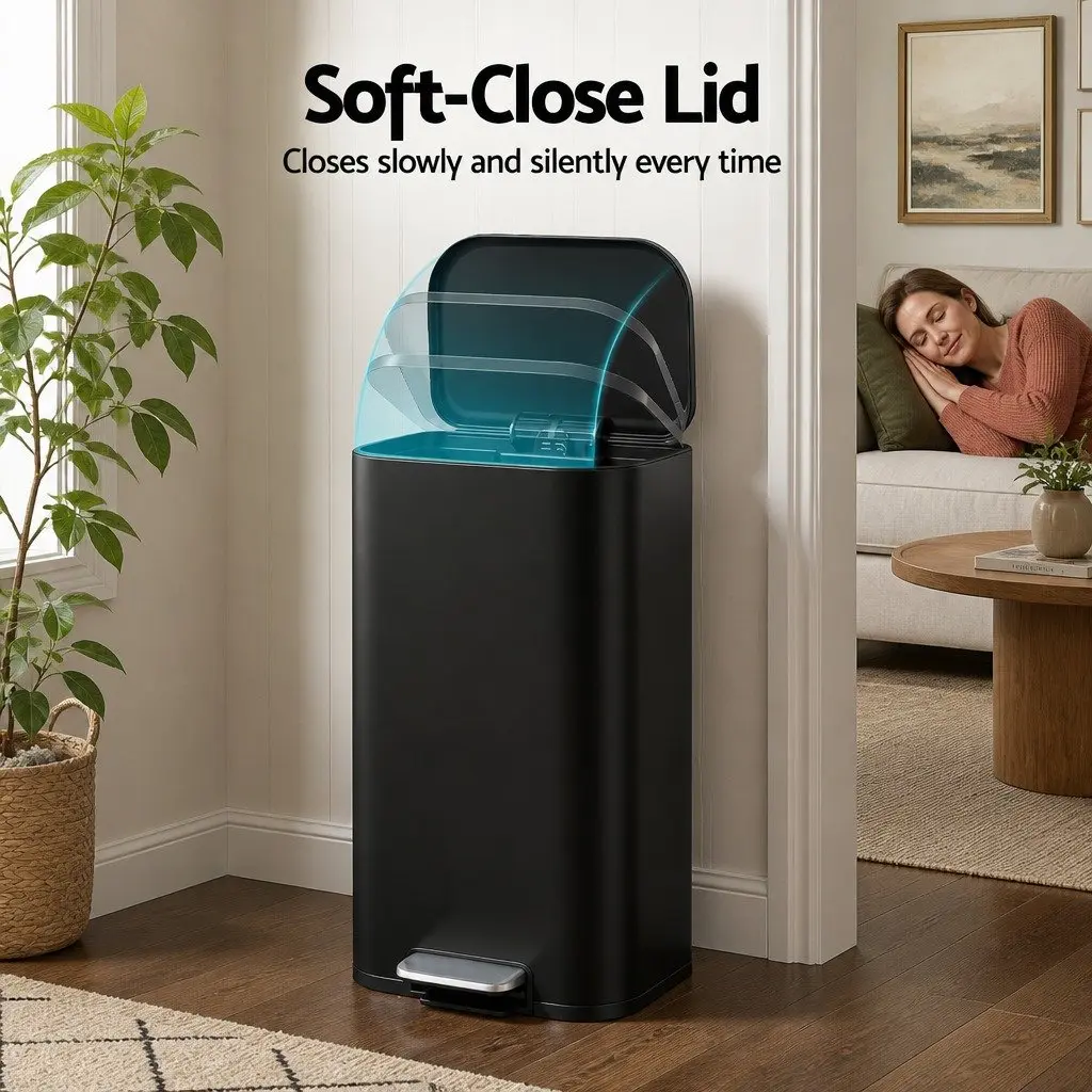 Pedal Bin Black 40L Rectangular Soft Close Lid Steel