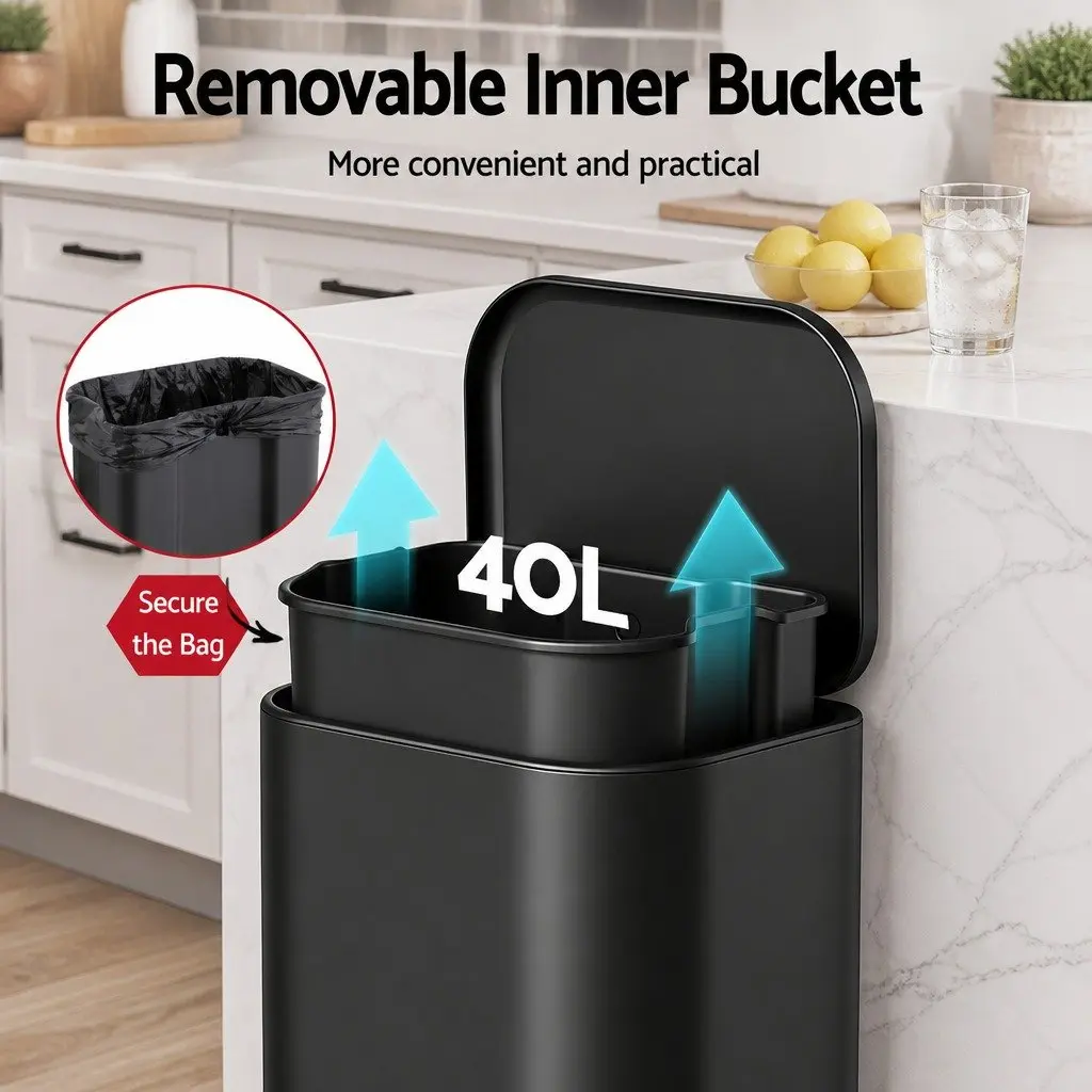Pedal Bin Black 40L Rectangular Soft Close Lid Steel