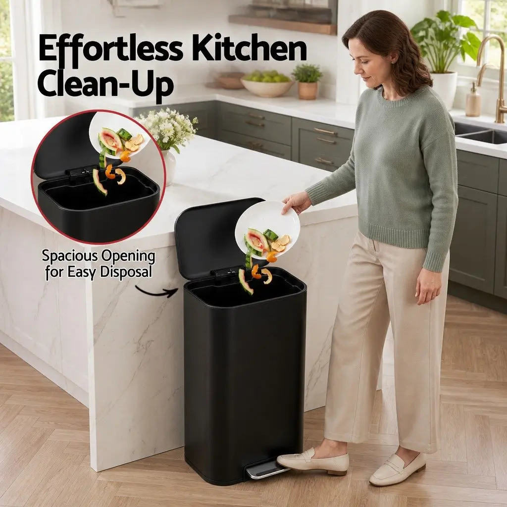 Pedal Bin Black 40L Rectangular Soft Close Lid Steel