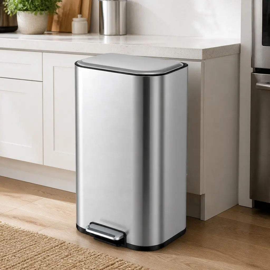 Pedal Bin Silver 40L Steel Soft Close Lid Removable Bucket