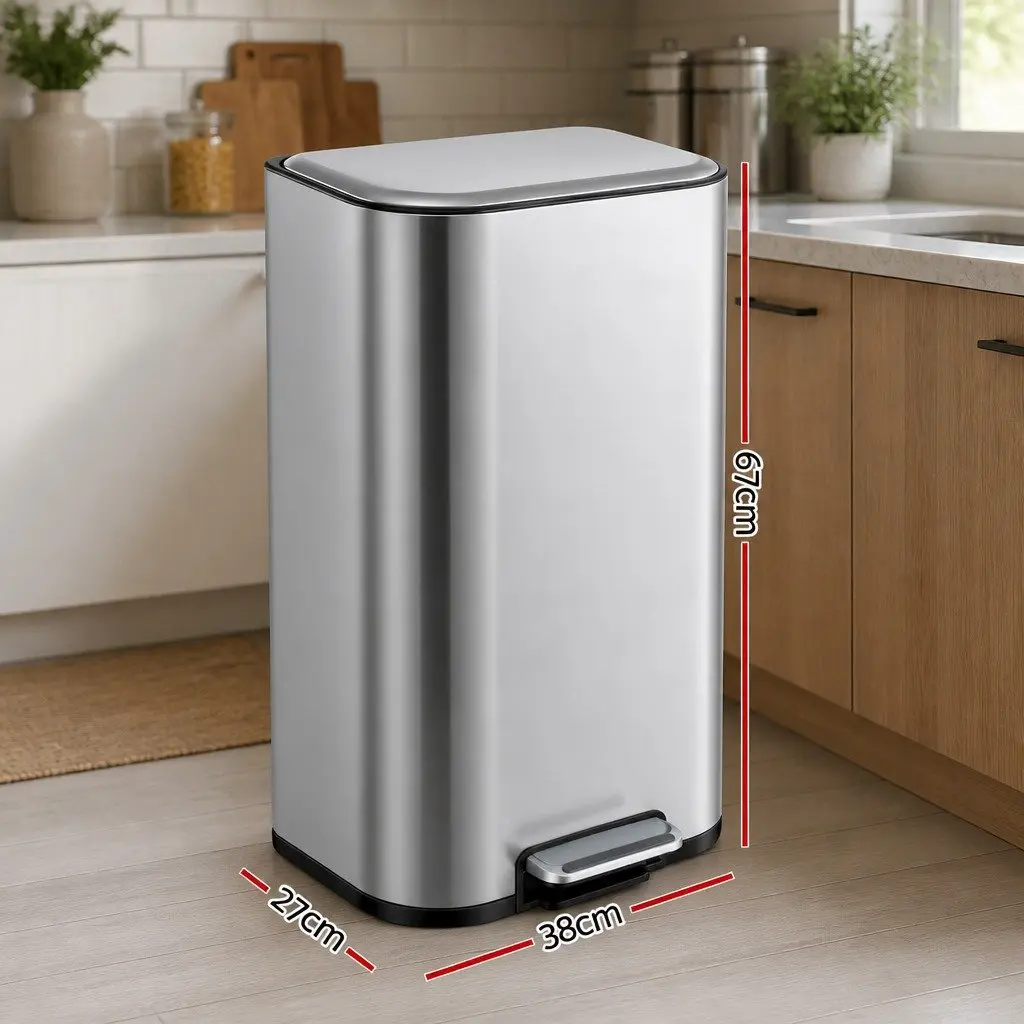 Pedal Bin Silver 40L Steel Soft Close Lid Removable Bucket