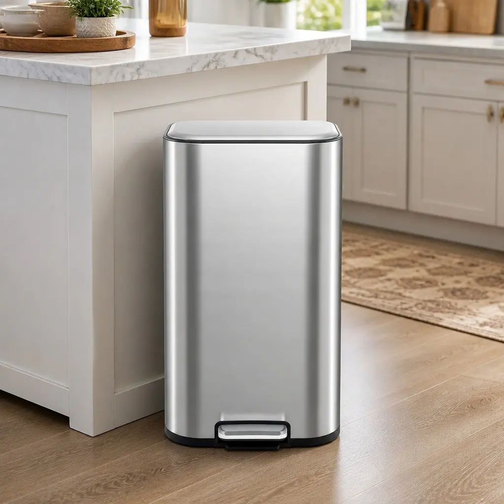 Pedal Bin Silver 40L Steel Soft Close Lid Removable Bucket